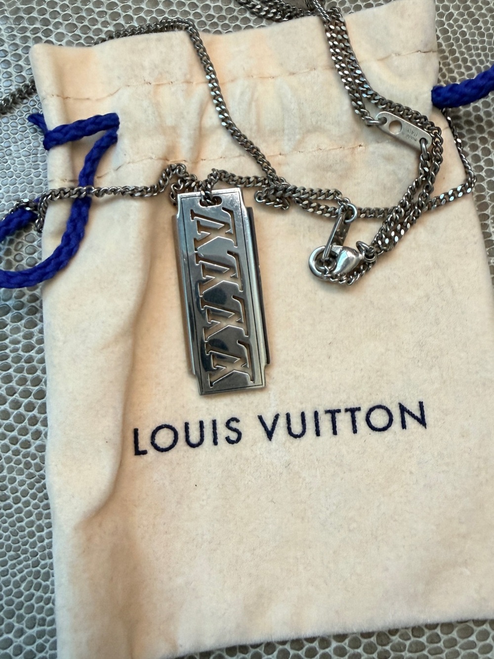 Louis Vuitton Silver Tone Logo Tag Necklace